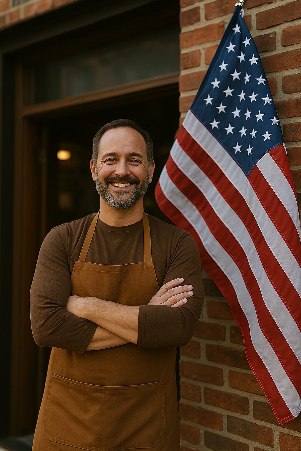 Smiling small business owner in a brown apron stands with arms crossed beside a U.S. flag in front of a brick storefront.